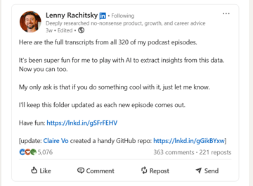 Lenny's LinkedIn post sharing 320 podcast transcripts — January 2026